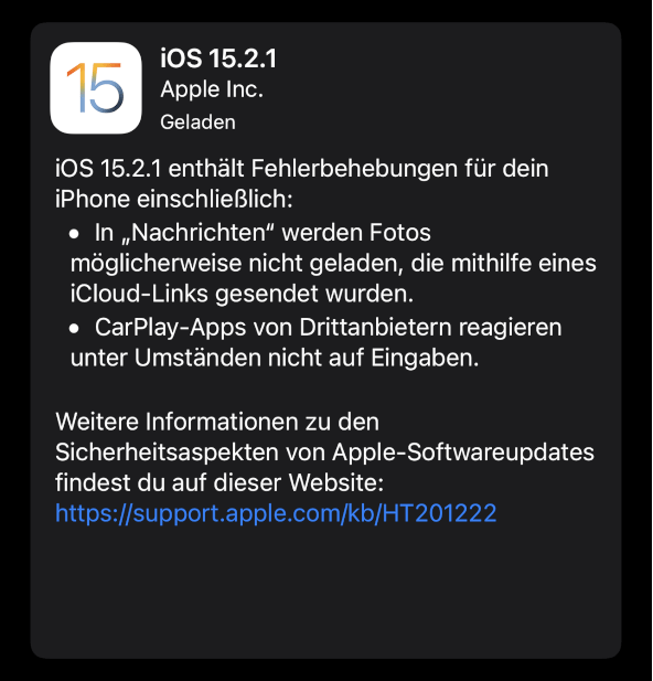 iOS Update 15.2.1 behebt CarPlay Fehler