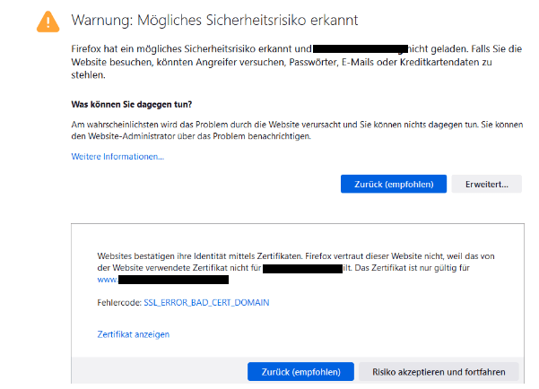 SSL Zertifikatsfehler beim Aufruf einer Webseite